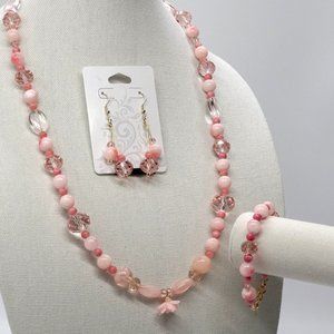 3 Piece Set Necklace Bracelet Earrings Coral Crystal Glass Beads Flower Pendant